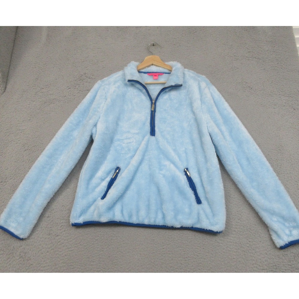 Lilly Pulitzer Fleece 1/4 Zip Pullover Womens Medium Blue Sherpa Cozy Preppy